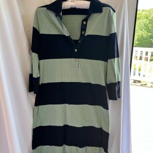 Business casual, blue and green striped, collared & long sleeve dress from Gap
